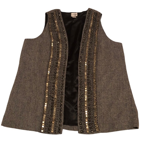 CHICO’S - Women’s Wool Blend Tweed, Metallic Beaded Vest Chico’s Size 2 ( Large) - Picture 1 of 7